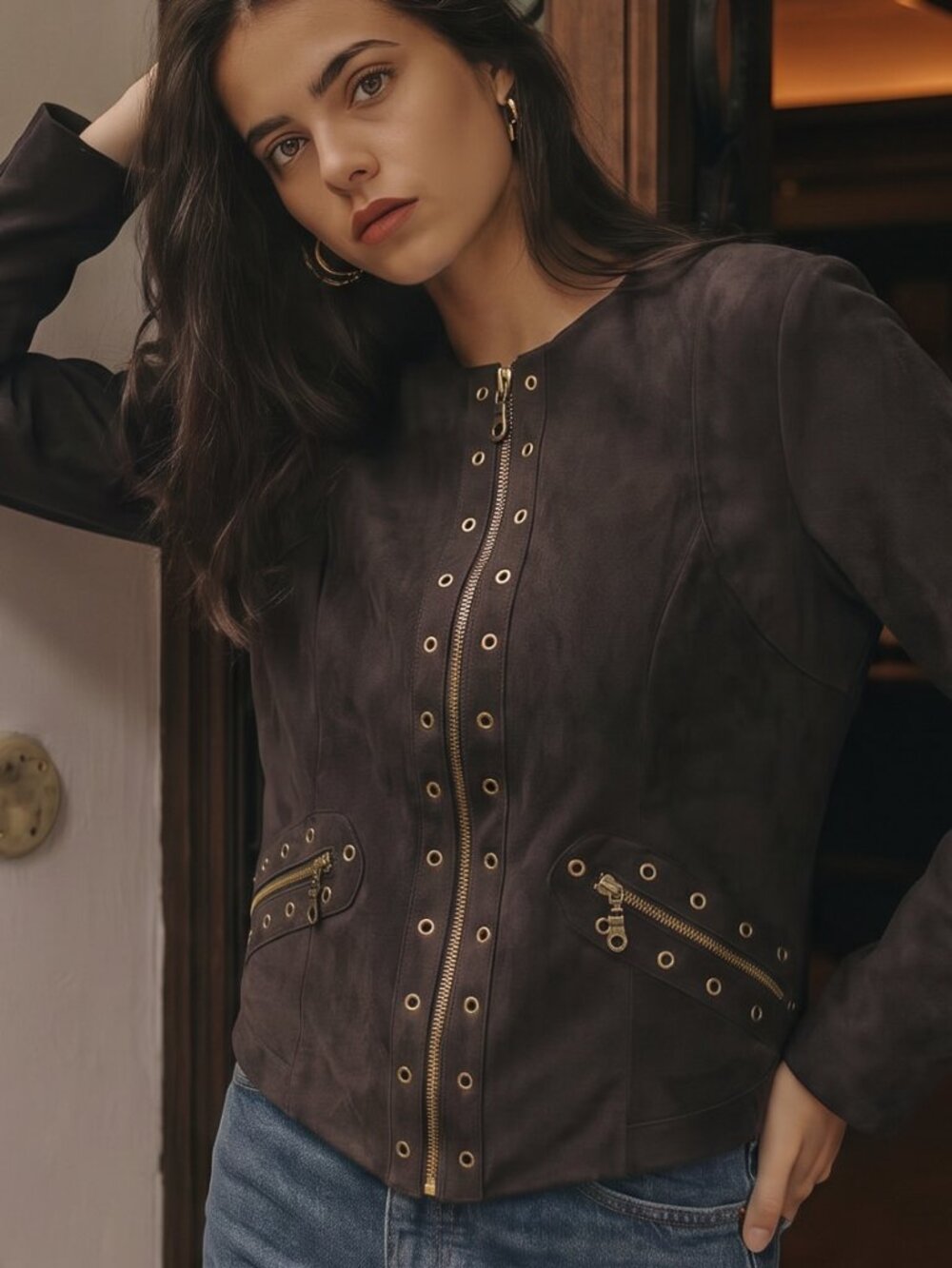 Drew Faux Suede Moto Jacket w/Grommet Details